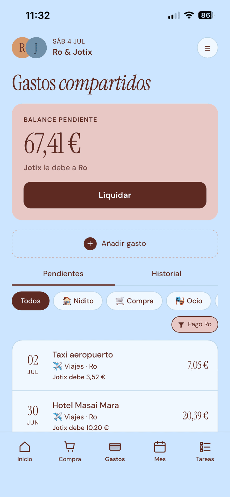 Pantalla de gastos compartidos de Conjunt con el balance pendiente y el botón de liquidar.