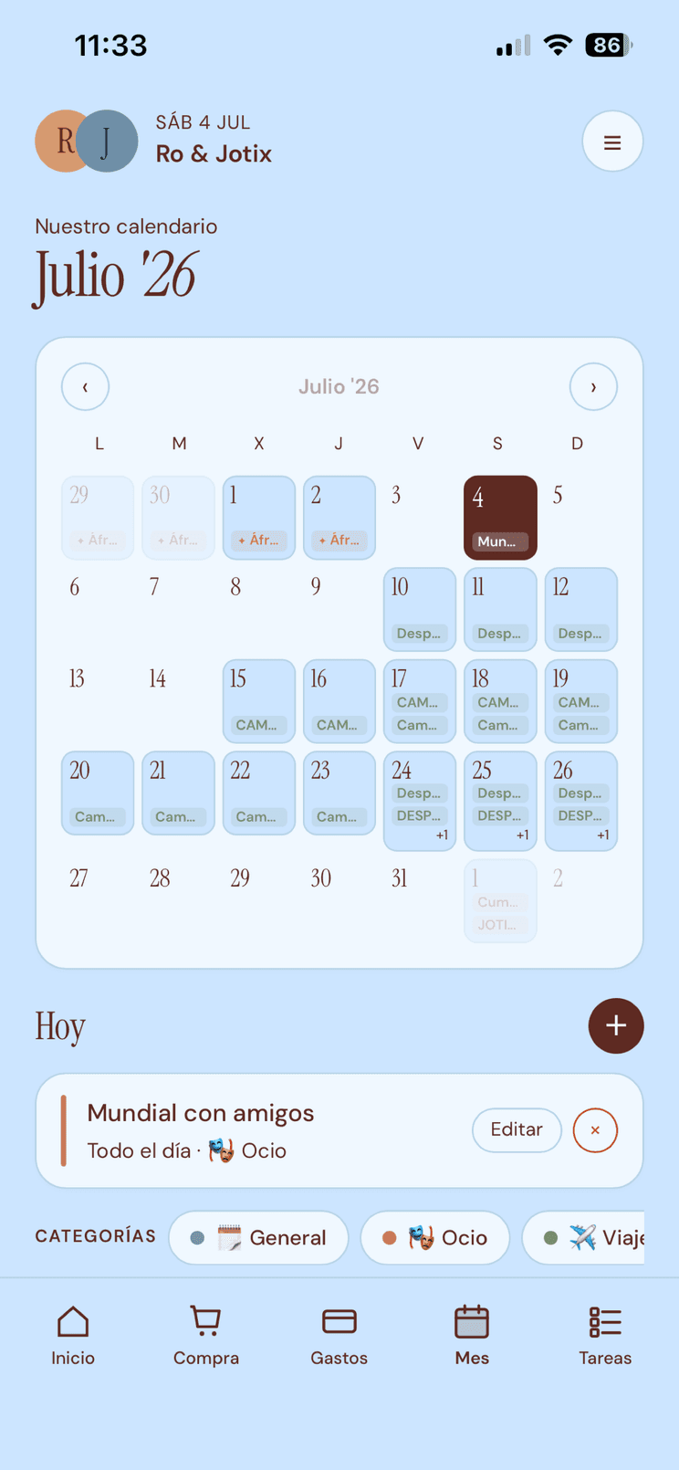 Calendario de Conjunt con eventos, tareas con fecha y planes de la pareja.